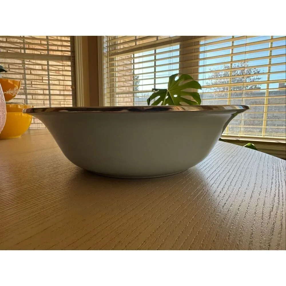 Steel metal light blue serving bowl silver trim mixing fruit serving country kit